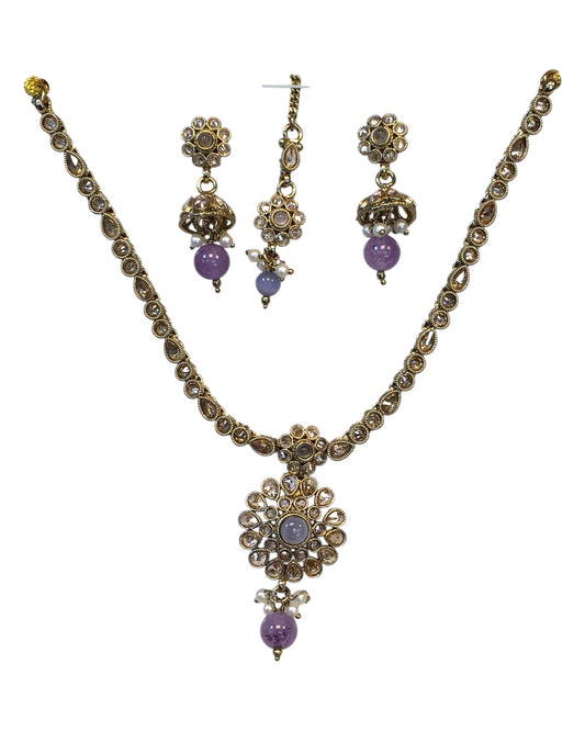 Lilac - Small Size Antique Gold Finish Necklace Set with Earrings & Head Piece /Tika- SLV79 11A24 - Prachy Creations