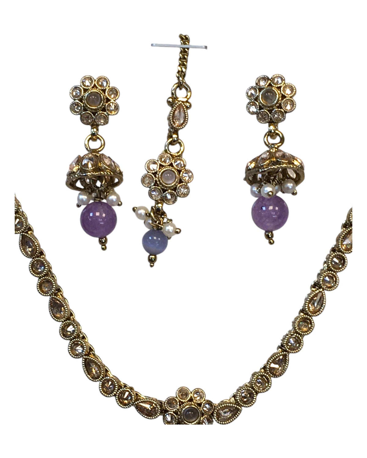 Lilac - Small Size Antique Gold Finish Necklace Set with Earrings & Head Piece /Tika- SLV79 11A24 - Prachy Creations