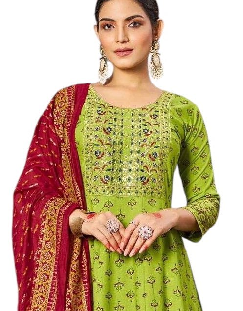 Lime Green - Cotton Block Printed Long Dress with Dupatta - Available in Sizes 14(40") & 20 (46") - BH1007 KK 0924 - Prachy Creations
