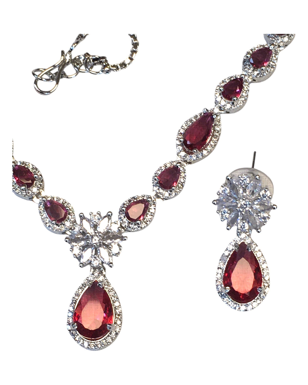 Magenta - American Diamond Style Silver Finish Small Size Necklace Set with Earrings - AE2422 11H24 - Prachy Creations