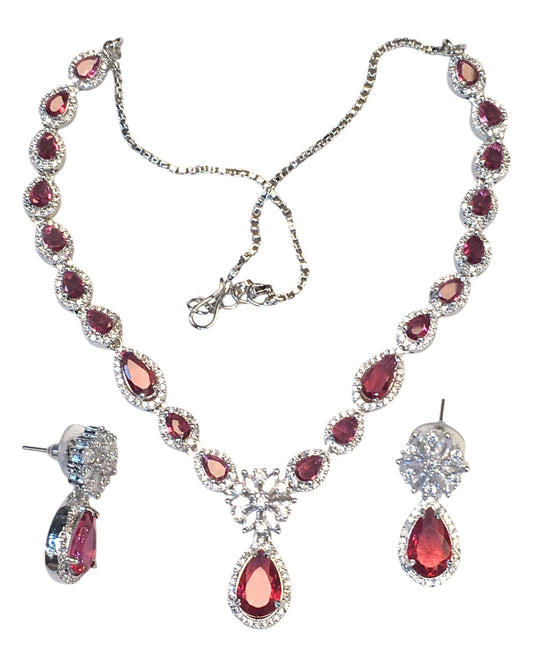Magenta - American Diamond Style Silver Finish Small Size Necklace Set with Earrings - AE2422 11H24 - Prachy Creations