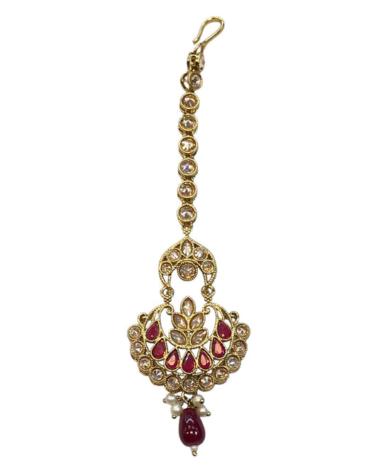 Magenta - Antique Gold Finish Medium Size Tika Head Piece - Indian Ladies Fashion Jewellery - AE2429 11T24 - Prachy Creations