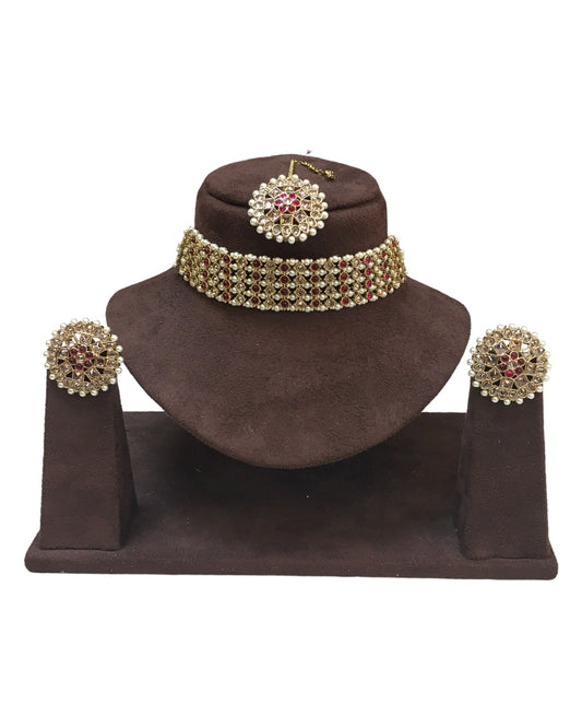 Magenta - Large - Antique Gold Finish Necklace Set with Earrings - AE2401 H 0724 - Prachy Creations