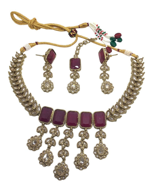 Magenta - Large Size Necklace Set with Earrings - SLV813 KJ 0923 - Prachy Creations
