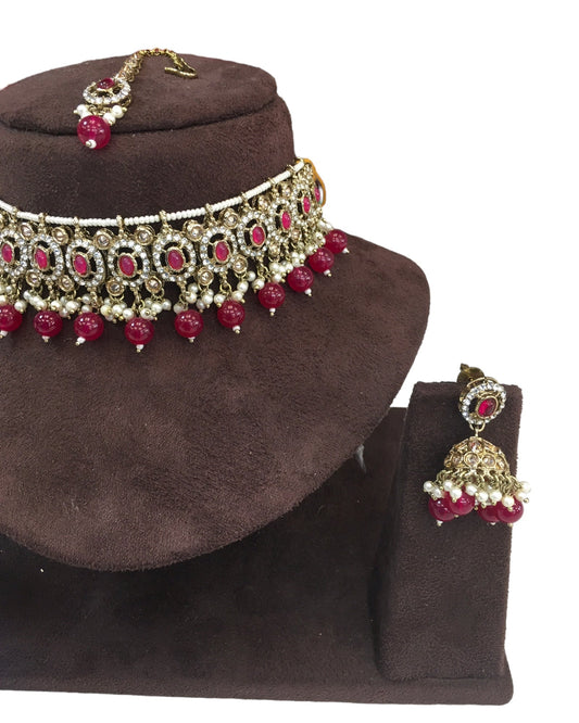Magenta - Medium Size Antique Gold Finish Choker Necklace Set with Earrings - RAK149 C 0424 - Prachy Creations