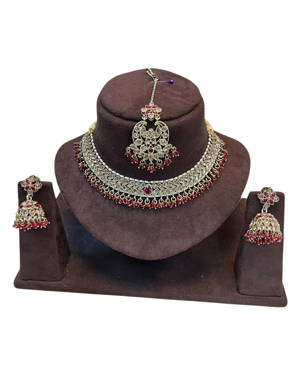 Magenta - Medium Size Antique Gold Finish Necklace Set with Earrings & Tika Head piece - GGA05 KV 0525 - Prachy Creations