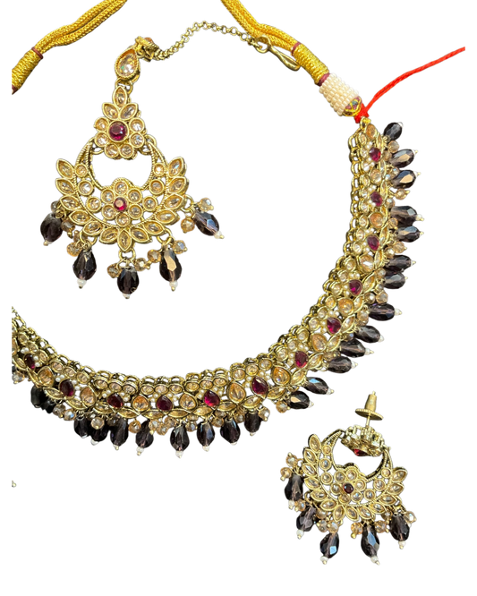 Magenta / Purple - Medium Size Antique Gold Finish Necklace Set with Earrings - RZ31 KYp - Prachy Creations