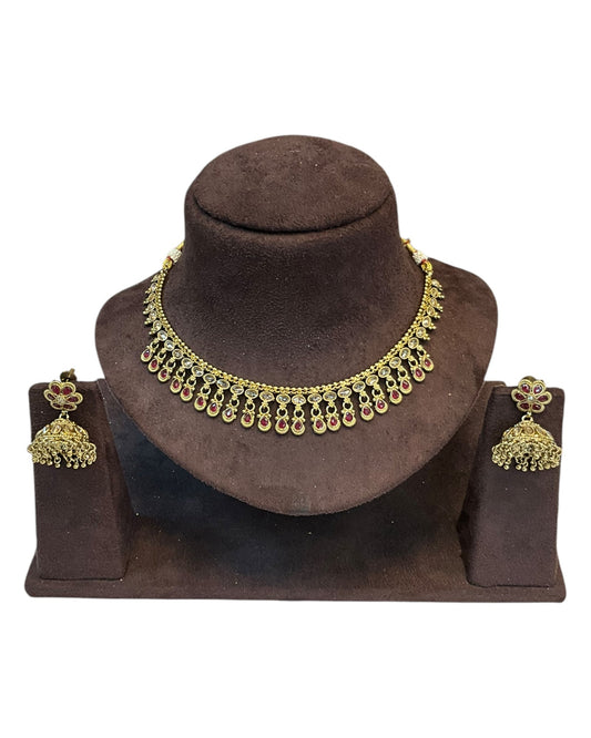 Magenta - Small Size Antique Gold Finish Necklace Set - AE2506 C 0525 - Prachy Creations