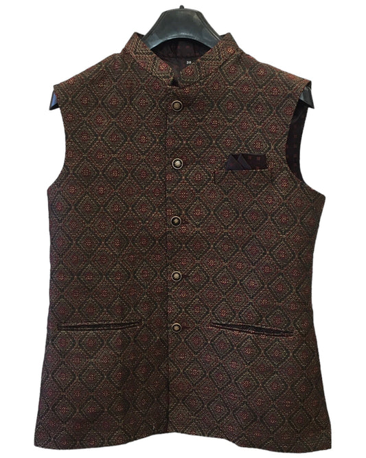 Maroon / Black - Banarasi Handloom Brocade Mens Waistcoat - Amazing Fit - Great Quality - YD2410 KA 0424 - Prachy Creations