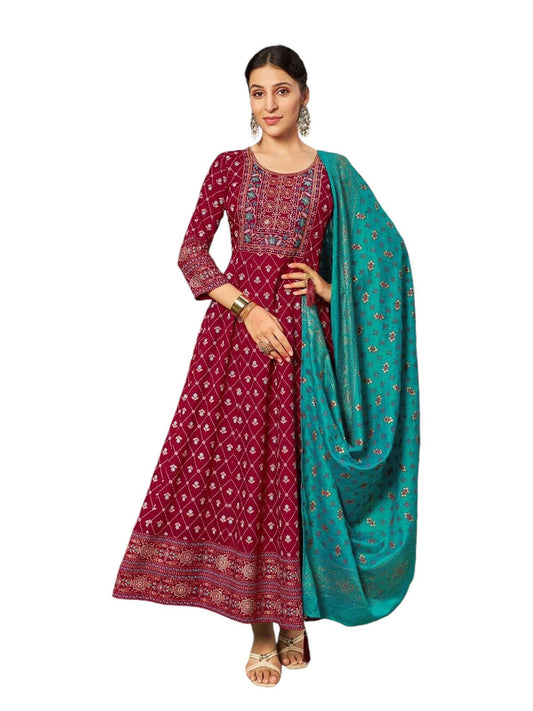 Maroon - Cotton Block Printed Long Dress with Dupatta - Available in Sizes 14(40") & 20 (46") - BH1005 KK 0924 - Prachy Creations