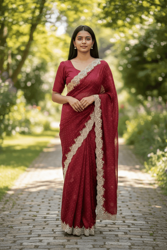 Maroon - Fancy Embroidered Saree with Blouse Piece - UK stock - 24hr Dispatch - SP250633 KA - Prachy Creations
