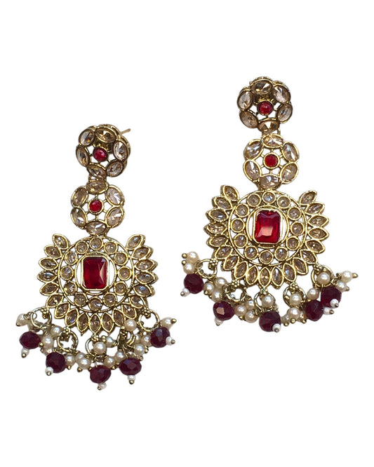 Maroon - Large - Antique Gold Finish Traditional Earrings - Bollywood - Weddings - PRI1773 11Tp24 - Prachy Creations