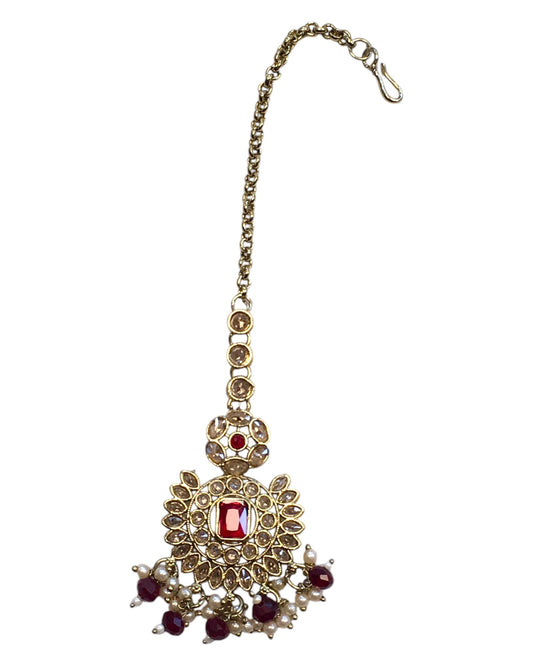 Maroon - Large - Antique Gold Finish Traditional Tika Head piece - Bollywood - Weddings - PRI1773 11V24 - Prachy Creations