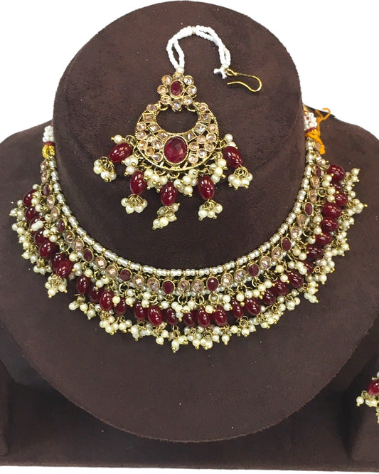 Maroon - Large Size Antique Gold Finish Necklace Set with Earrings - JE18 C 0424 - Prachy Creations