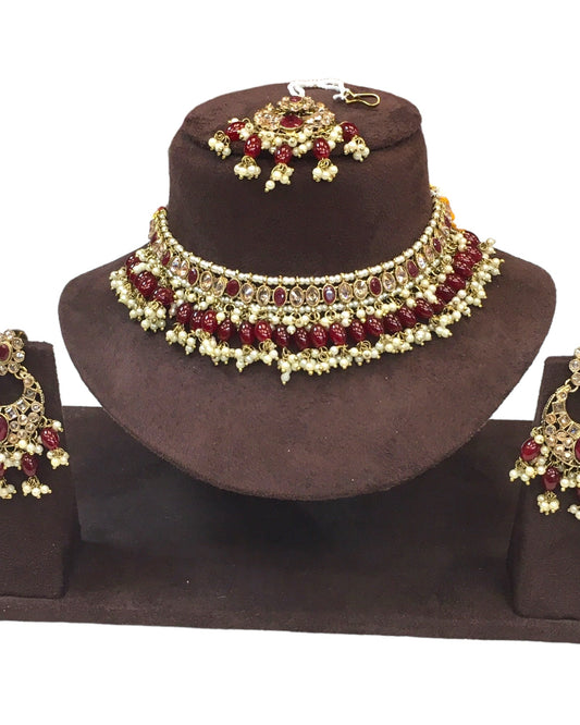 Maroon - Large Size Antique Gold Finish Necklace Set with Earrings - JE18 C 0424 - Prachy Creations