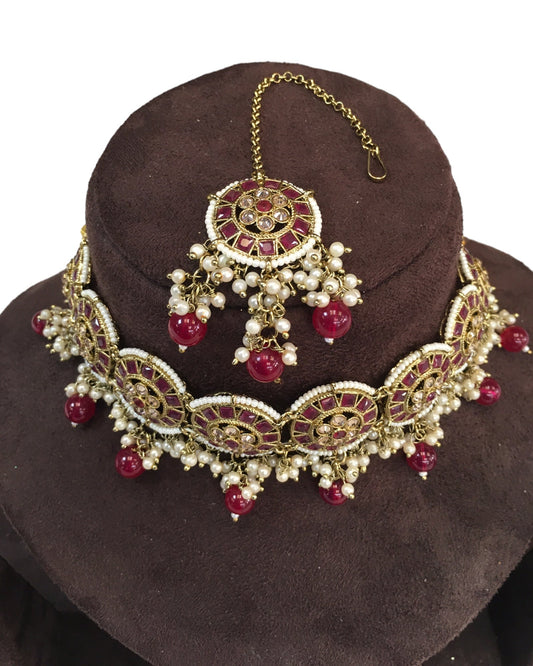 Maroon - Large Size Antique Gold Finish Necklace Set with Earrings - RAK05 VY 0424 - Prachy Creations