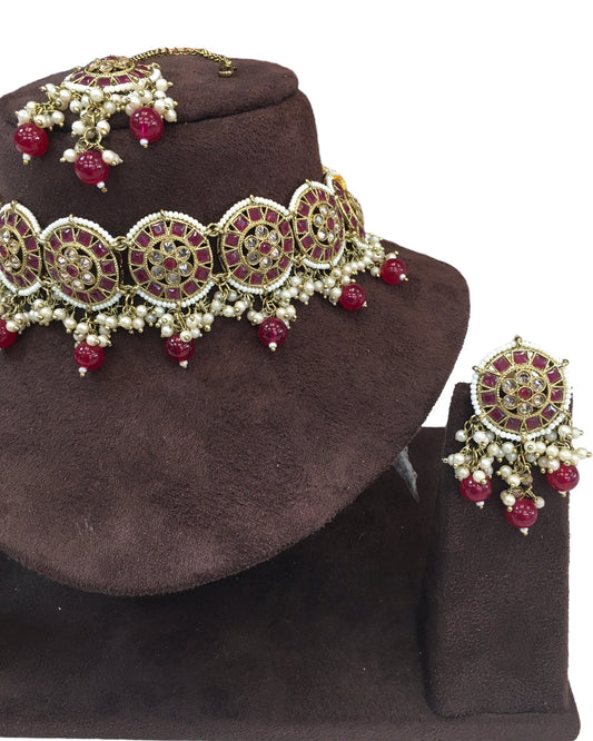 Maroon - Large Size Antique Gold Finish Necklace Set with Earrings - RAK05 VY 0424 - Prachy Creations
