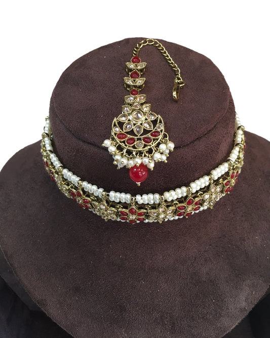 Maroon - Large Size Antique Gold Finish Necklace Set with Earrings - RAK95 KV 0424 - Prachy Creations