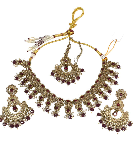 Maroon - Large Size Necklace Set with Earrings - PRI1752 KK 0424 - Prachy Creations