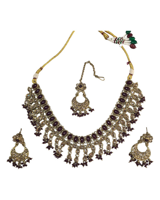 Maroon - Medium - Antique Gold Finish Necklace Set with Earrings - RAK185 Cp 0724 - Prachy Creations