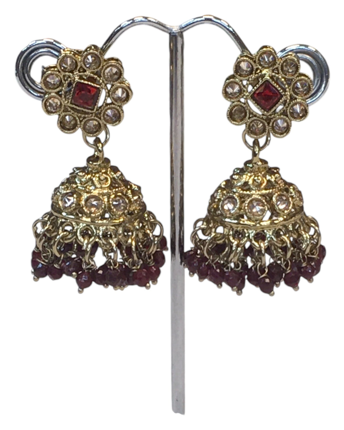 Maroon - Medium Size Antique Gold Finish Necklace Set with Earrings - PRI1786 11H24 - Prachy Creations