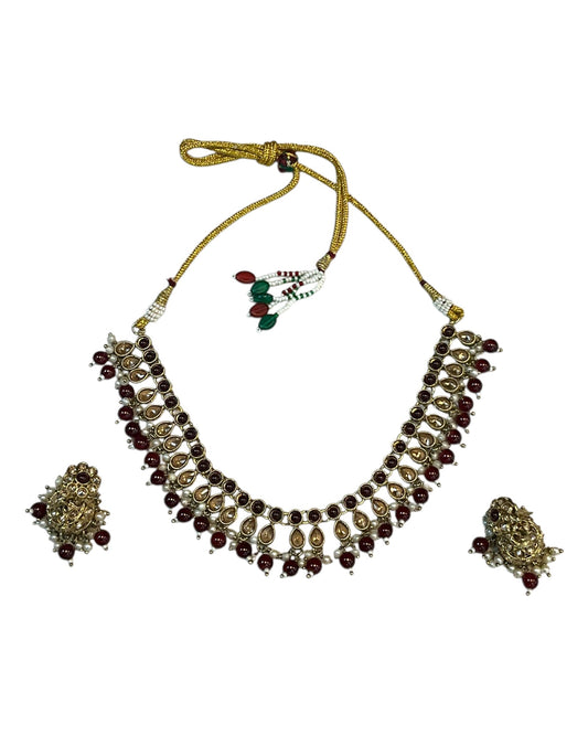 Maroon - Medium Size Antique Gold Finish Necklace Set with Earrings - RAK381 Rp - Prachy Creations
