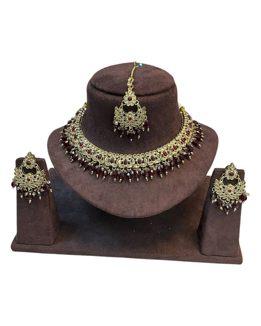 Maroon - Medium Size Antique Gold Finish Necklace Set with Earrings - RZ31 KYp - Prachy Creations