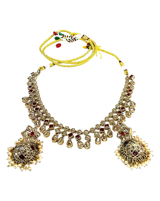 Maroon - Medium Size Antique Gold Finish Necklace Set with Earrings - SJ06 08H25 (Copy) - Prachy Creations
