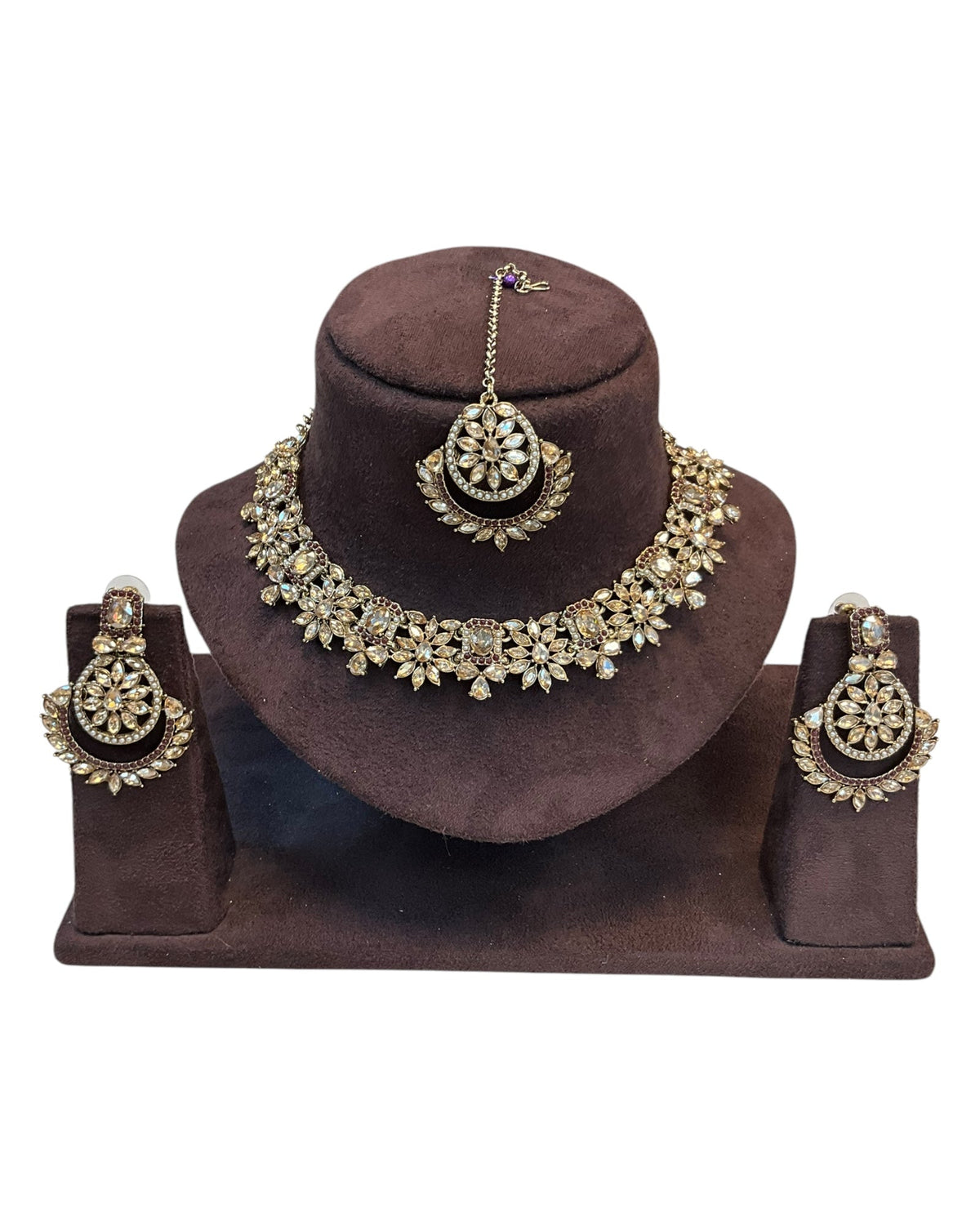 Maroon - Medium Size Antique Gold Finish Necklace Set with Earrings & Tika Head piece - JD7468 R 0525 - Prachy Creations
