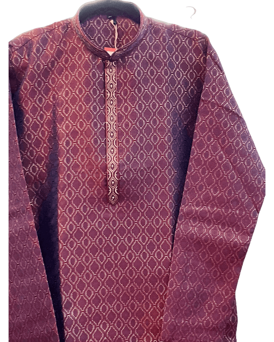Maroon - Men’s Embroidered Jacquard Kurta Set with Trousers - UK Stock - Weddings / Walimas , Sangeet, Diwali, Eid, Mehndi / Henna - VEE3075 VY - Prachy Creations