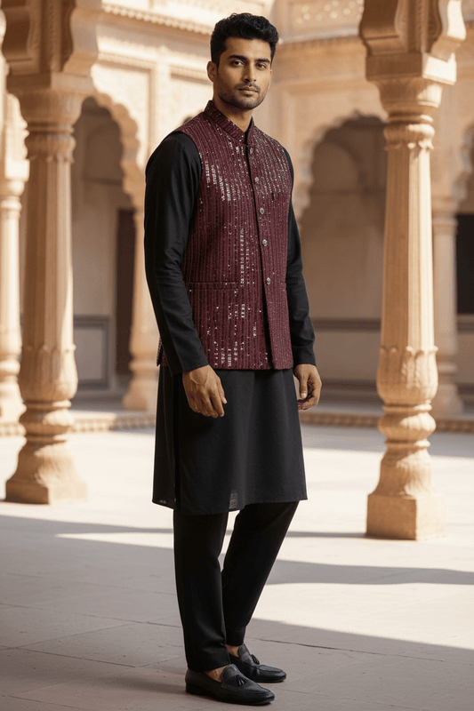 Maroon - Rich All Over Sequins Embroidered - Mens Indian Waistcoat - UK Stock - 24 hr Dispatch - KCS2602 03VT26 - Prachy Creations