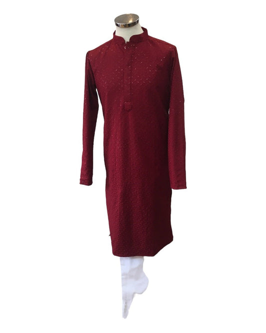 Maroon - Rich Lucknowi Cotton Men's Churidar Kurta Set - YD2306 KC 0623 - Prachy Creations