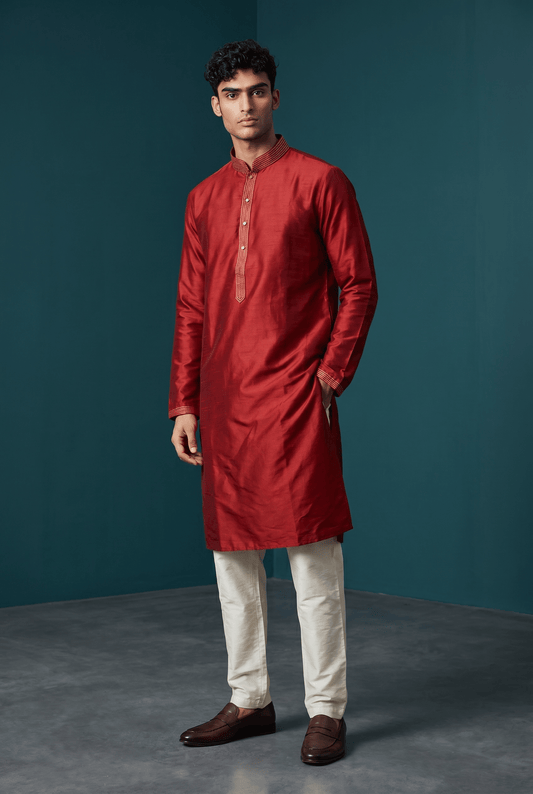 Maroon - Silky Handloom Mens Indian Kurta set with Trousers - UK Stock - Weddings / Walimas , Sangeet, Diwali, Eid, Mehndi / Henna - VEE2529 KR - Prachy Creations