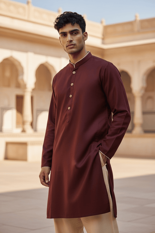 Maroon - Silky Mens Indian Kurta set - UK Stock - Ideal to Pair with a Waistcoat - VEE1095 KJ - Prachy Creations