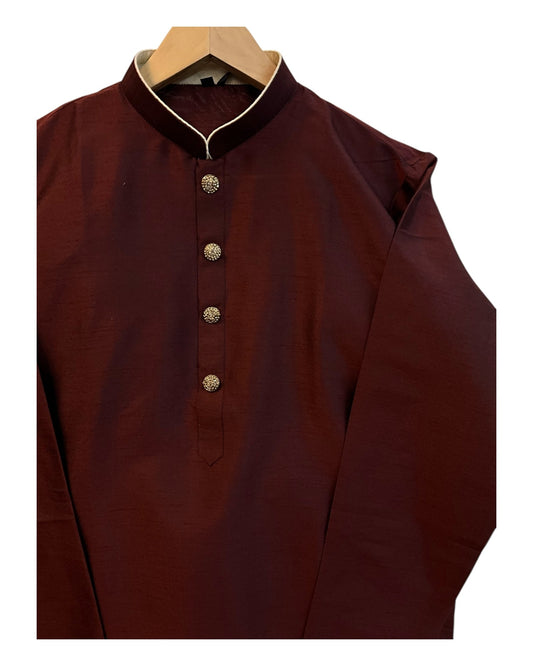 Maroon - Silky Mens Indian Kurta set - UK Stock - Ideal to Pair with a Waistcoat - VEE1095 KJ - Prachy Creations