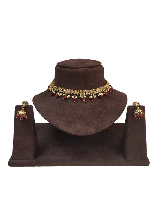 Maroon - Small Size Antique Gold Finish Necklace Set with Earrings - VJY402 A 0424 - Prachy Creations