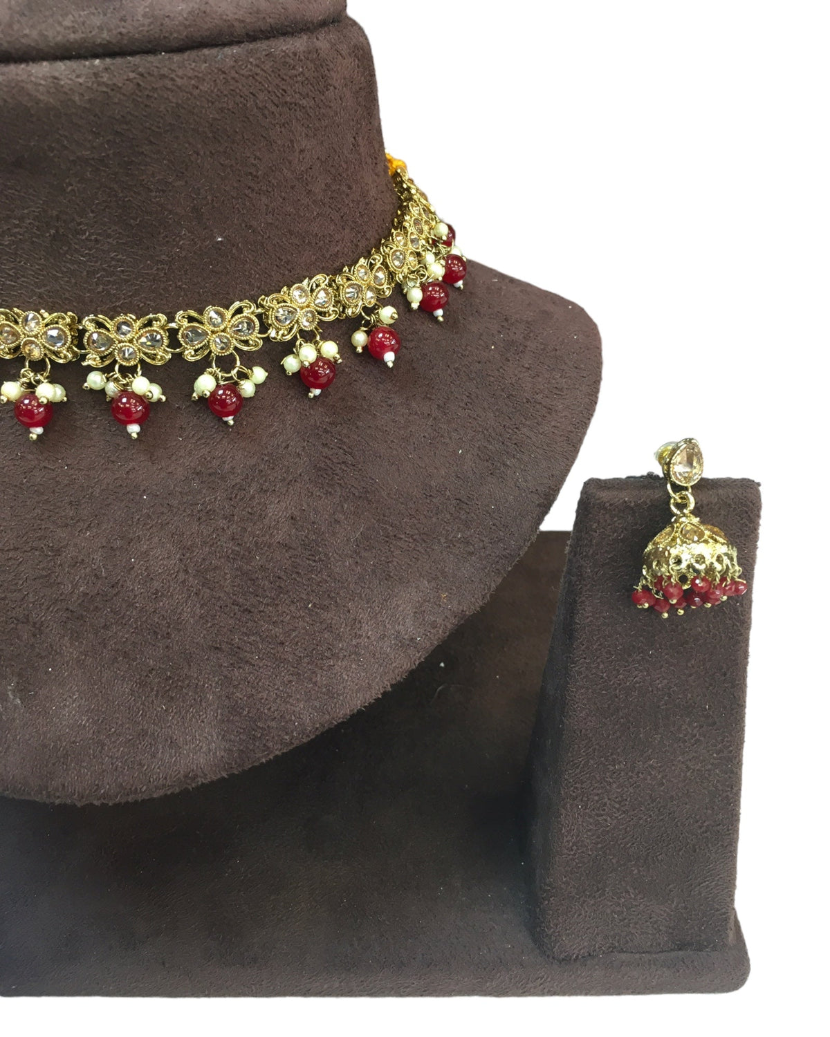 Maroon - Small Size Antique Gold Finish Necklace Set with Earrings - VJY402 A 0424 - Prachy Creations