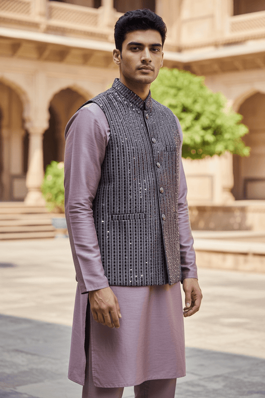 Mauve / Purple - Rich All Over Sequins Embroidered - Mens Indian Waistcoat - UK Stock - 24 hr Dispatch - KCS2602 03VT26 - Prachy Creations
