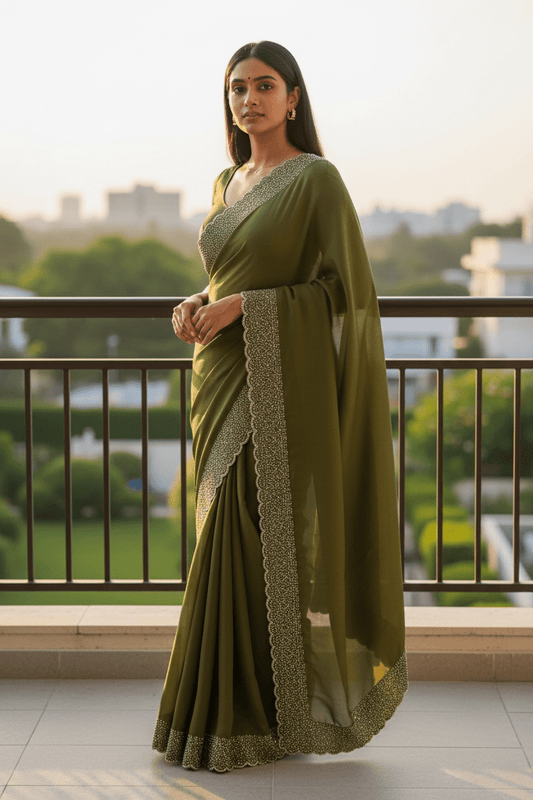 Mehndi Green - Classic Saree with Stone Work Border and Blouse Piece - UK stock - 24hr Dispatch - RS2538 VP - Prachy Creations