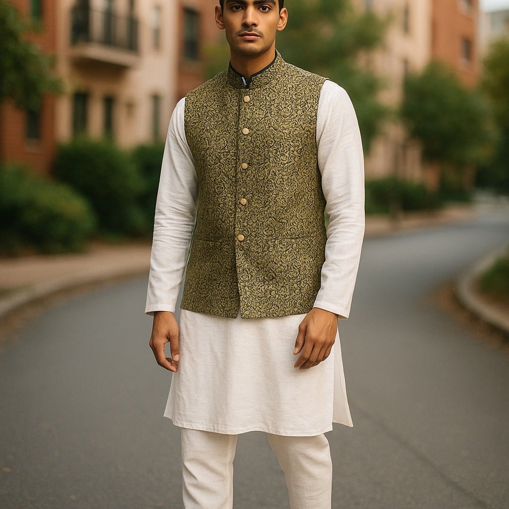 Mehndi Henna Green - Banarasi Handloom Brocade Mens Waistcoat - UK Stock- Dispatch in 24 hrs - KCS241103 KA - Prachy Creations