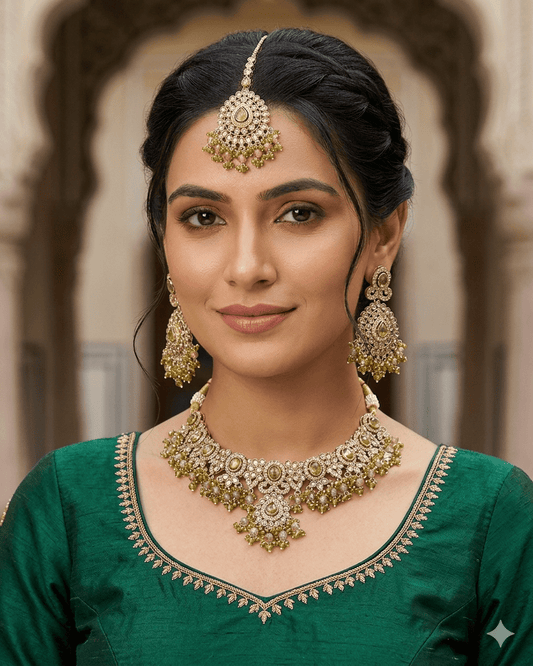 Mehndi Henna Green - Large - Antique Gold Finish Necklace Set with Earrings & Head Piece - AE2512 08KV25 - Prachy Creations