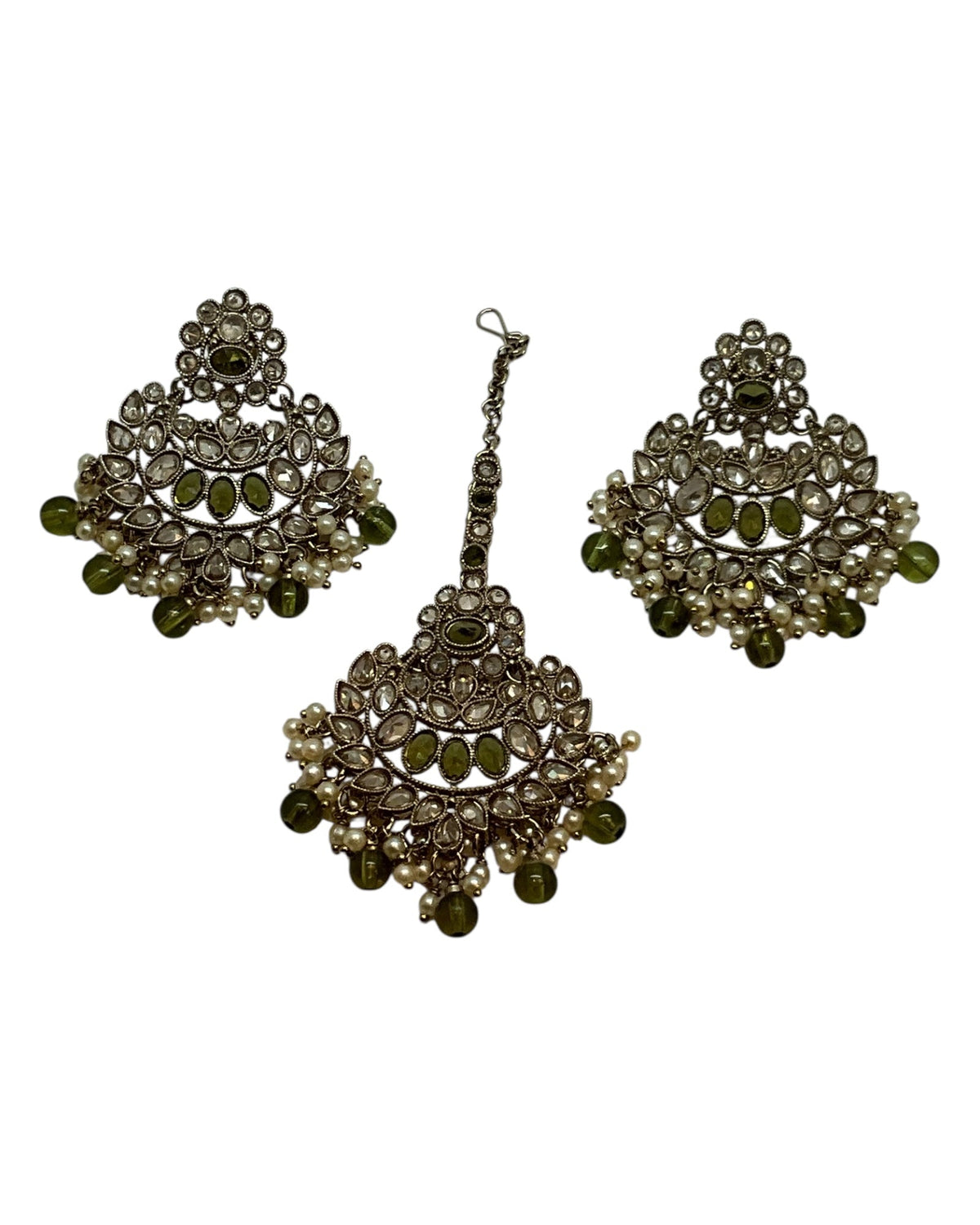 Mehndi Henna Green - Large Size Antique Gold Finish Necklace Set with Earrings & Head Piece - Bollywood - AE2514 08KY25 - Prachy Creations