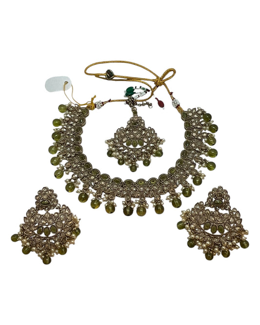 Mehndi Henna Green - Large Size Antique Gold Finish Necklace Set with Earrings & Head Piece - Bollywood - AE2514 08KY25 - Prachy Creations