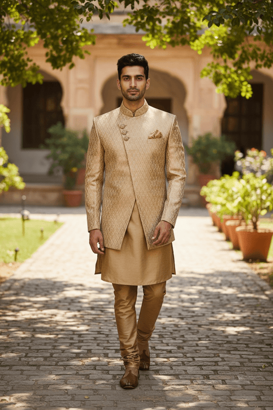 Mens Gold Brocade Sherwani set - With gold Churidar trousers - Bollywood Party Weddings - VFEW1901 KYY0819 - Prachy Creations