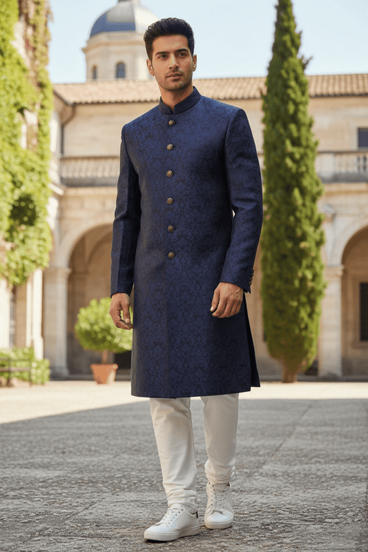 Mens Indian Light Sherwani set in Navy Brocade for weddings, Bollywood Party ( with Draw stringed trousers) - DD180802JV - Prachy Creations