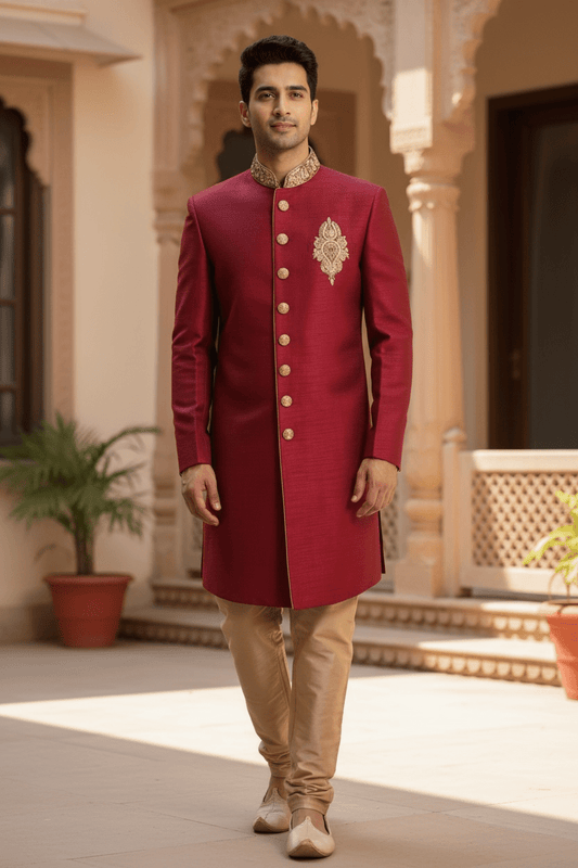 Mens Raw Silk Red Sherwani - VL1908 AV1119 - Prachy Creations