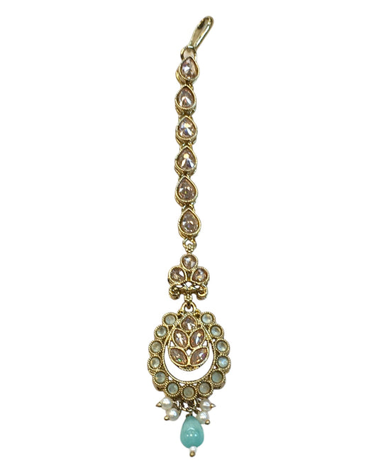 Mint Green - Antique Gold Finish Medium Size Tika Head Piece - Indian Ladies Fashion Jewellery - AE2435 11Vp24 - Prachy Creations