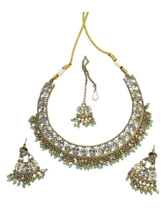 Mint Green - Antique Gold Finish Necklace & Earrings Set - Bollywood - Weddings - DAJ547 11KV24 - Prachy Creations
