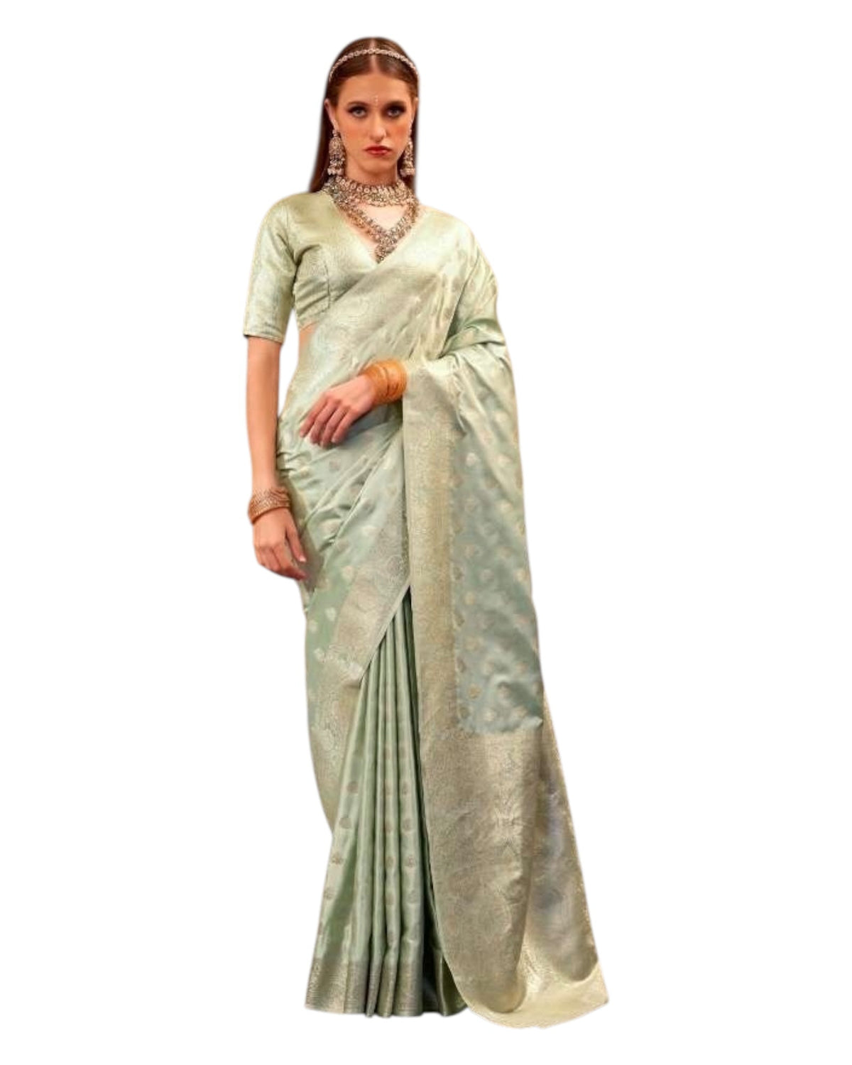 Mint Green - Handloom -Silky Banarasi Saree with Blouse Piece - SHEGOL274 10KH25 - Prachy Creations