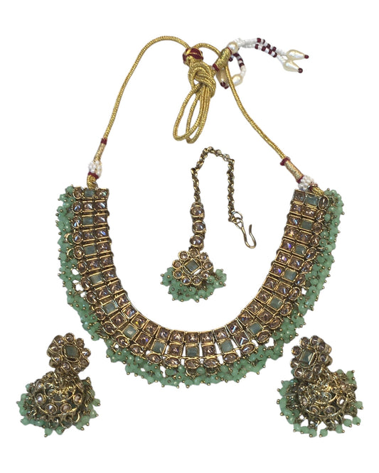Mint Green - Medium Size Antique Gold Finish Necklace Set with Earrings - PRI1786 11H24 - Prachy Creations